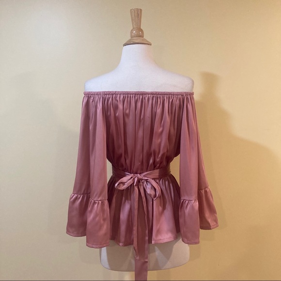 Off Shoulder Mauve Satin Tie Waist Blouse - Picture 6 of 6